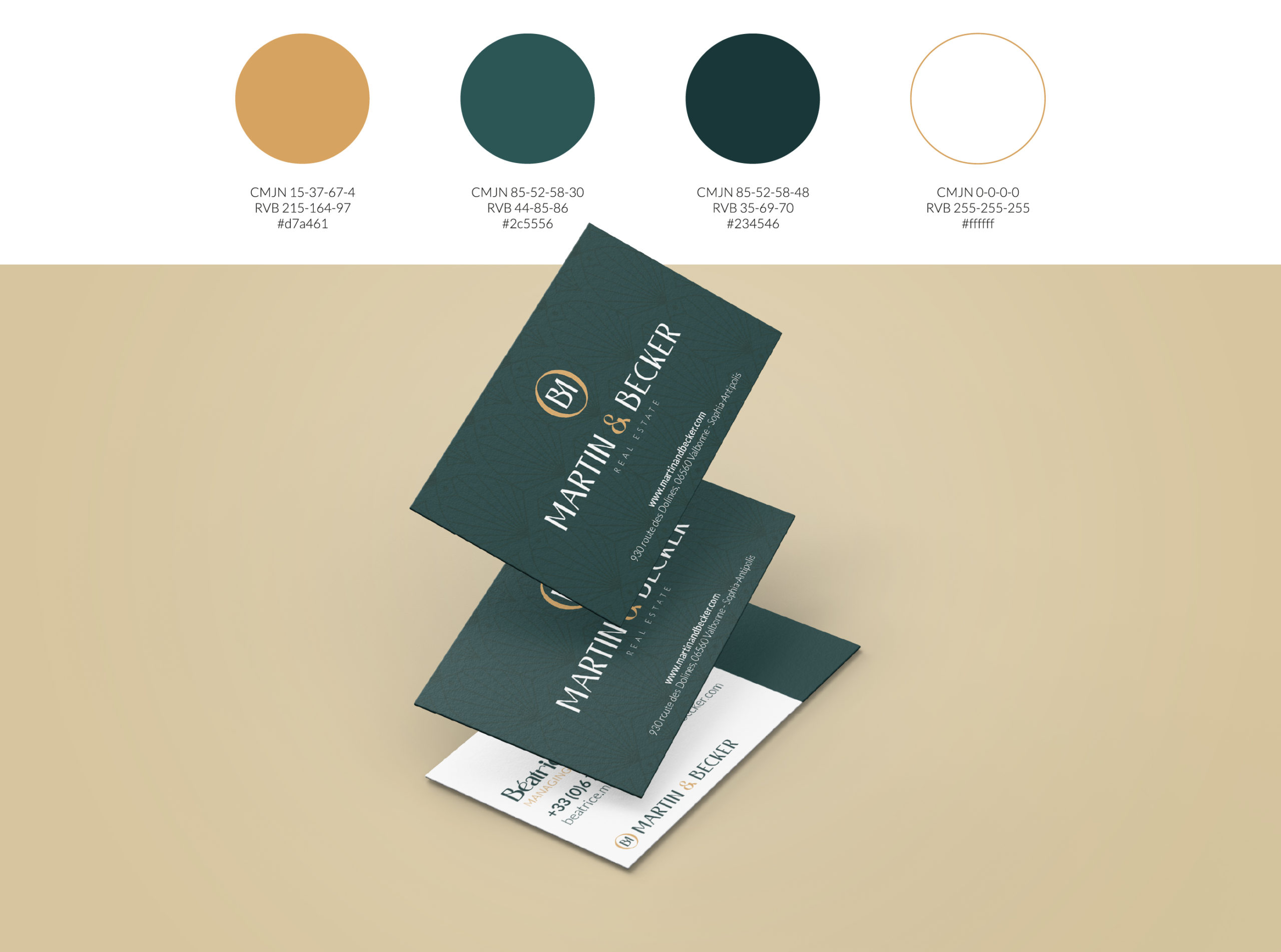 Code couleurs et carte de visite de l'agence immobilière Martin & Becker